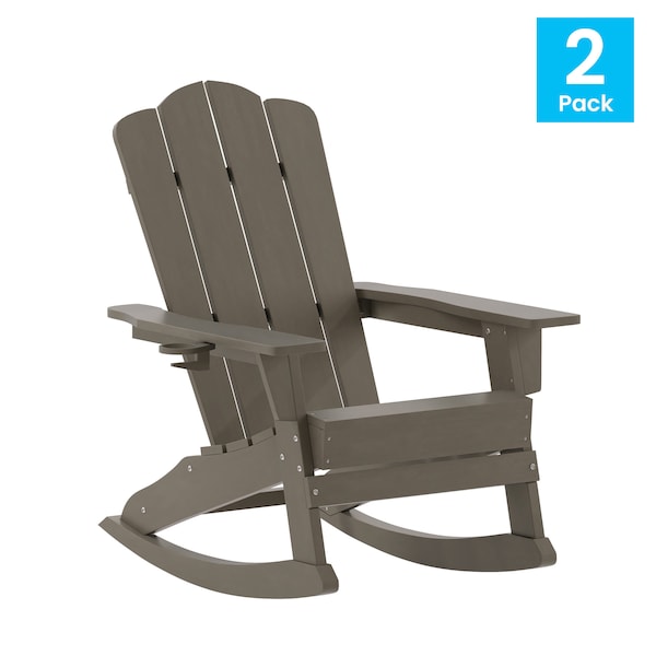 Flash Furniture Newport Adirondack Rocking Chair w/Cup Holder, Weather Resistant HDPE, Brown, 2PK - 2-LE-HMP-1044-31-BR-GG
