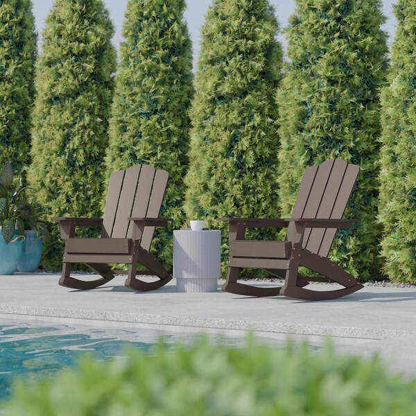 Flash Furniture Newport Adirondack Rocking Chair w/Cup Holder, Weather Resistant HDPE, Brown, 2PK - 2-LE-HMP-1044-31-BR-GG