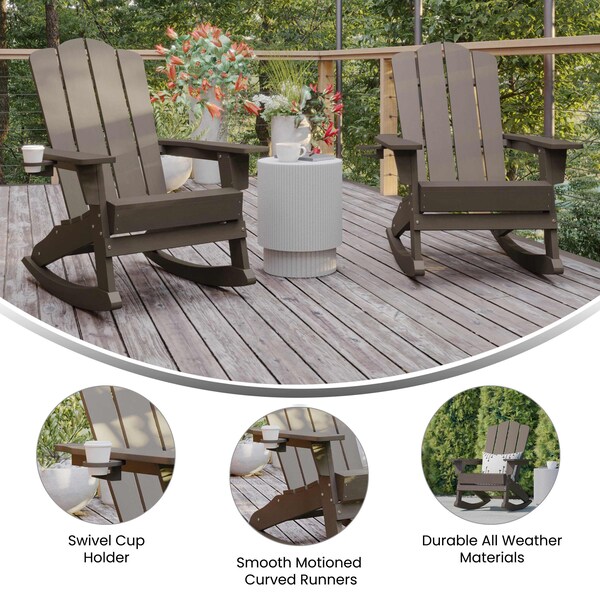 Flash Furniture Newport Adirondack Rocking Chair w/Cup Holder, Weather Resistant HDPE, Brown, 2PK - 2-LE-HMP-1044-31-BR-GG