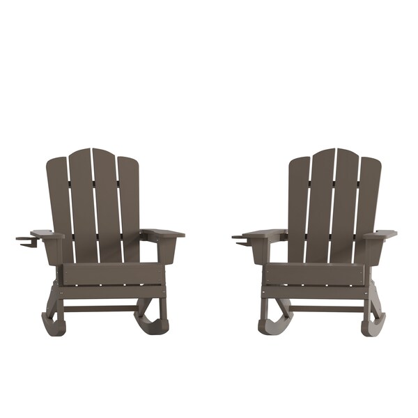 Flash Furniture Newport Adirondack Rocking Chair w/Cup Holder, Weather Resistant HDPE, Brown, 2PK - 2-LE-HMP-1044-31-BR-GG