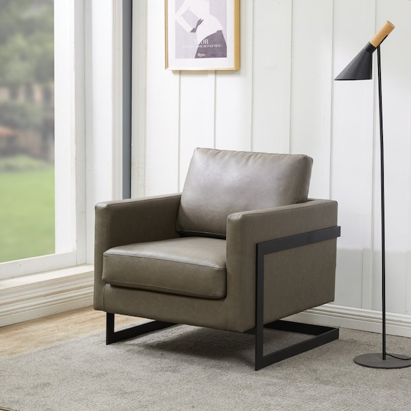 Leisuremod Lincoln Leather Accent Armchair with Black Frame, Grey - LAB31GR-L