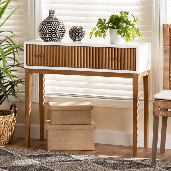Baxton Studio Odile Mid-Century Modern Honey Brown Finished Bayur Wood Console Table with Fluted-designed Drawer - 227-12894-ZORO