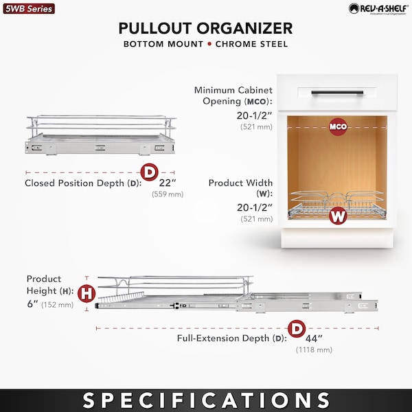 Rev-A-Shelf Steel, Silver, 20.5 in W, 5.56 in H, 22 in D, 22 in L, Silver - 5WB1-2122CR-1