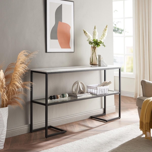 Henn & Hart Errol Console Table with Faux Marble Top, Blackened Bronze - AT1327