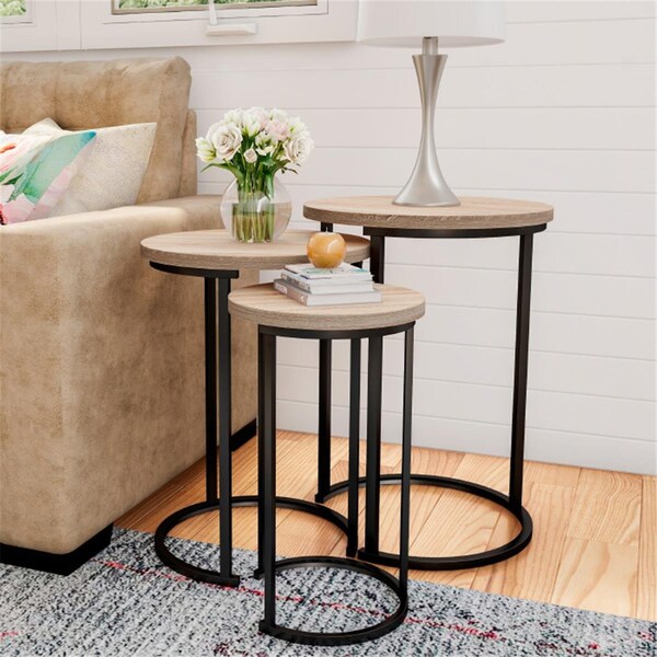 Daphnes Dinnette Modern Woodgrain Look Round Nesting Tables, Light Oak Wood-Look with Black Legs - Set of 3 - DA2056405