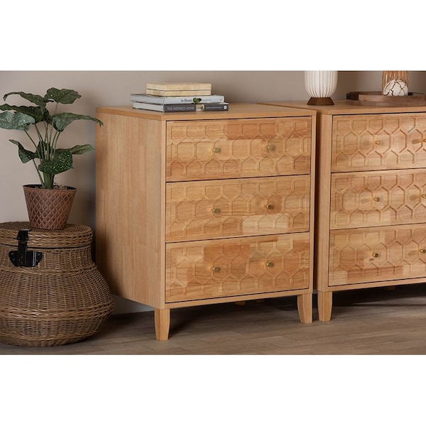Baxton Studio Hosea Japandi Carved Honeycomb Natural 3-Drawer Chest - 246-13623-ZORO