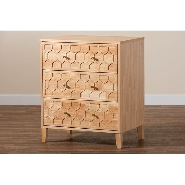 Baxton Studio Hosea Japandi Carved Honeycomb Natural 3-Drawer Chest - 246-13623-ZORO