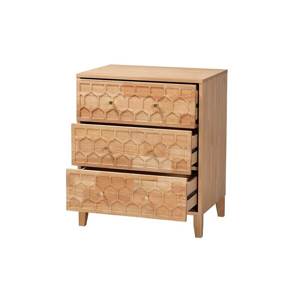 Baxton Studio Hosea Japandi Carved Honeycomb Natural 3-Drawer Chest - 246-13623-ZORO