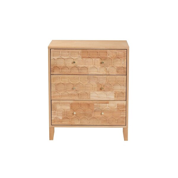 Baxton Studio Hosea Japandi Carved Honeycomb Natural 3-Drawer Chest - 246-13623-ZORO