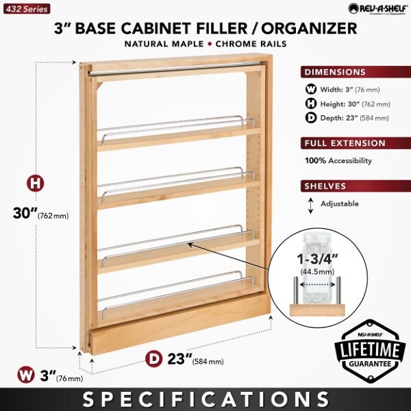 Rev-A-Shelf Maple Wood; Steel, Natural Maple, 3 in W, 30 in H, 23 in D - 432-BF-3C