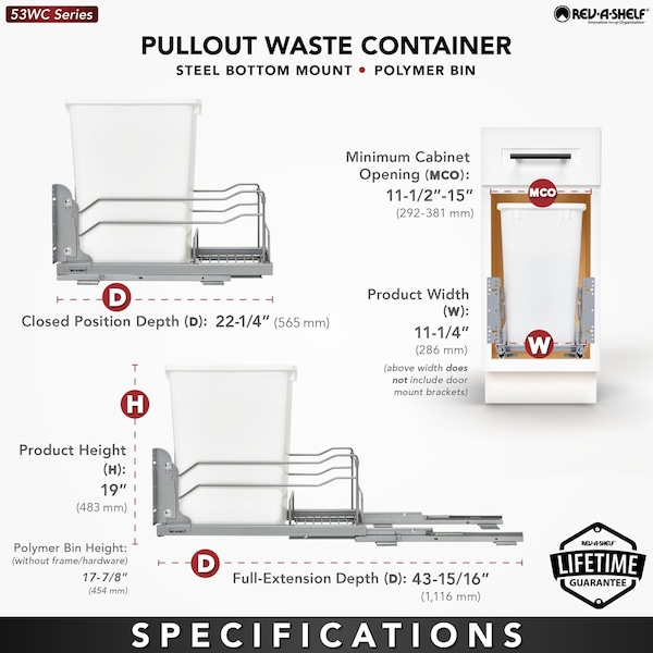 Rev-A-Shelf Steel; Plastic, Metallic Silver, 10.88 in W, 19 in H, 22.25 in D - 53WC-1535SCDM-117