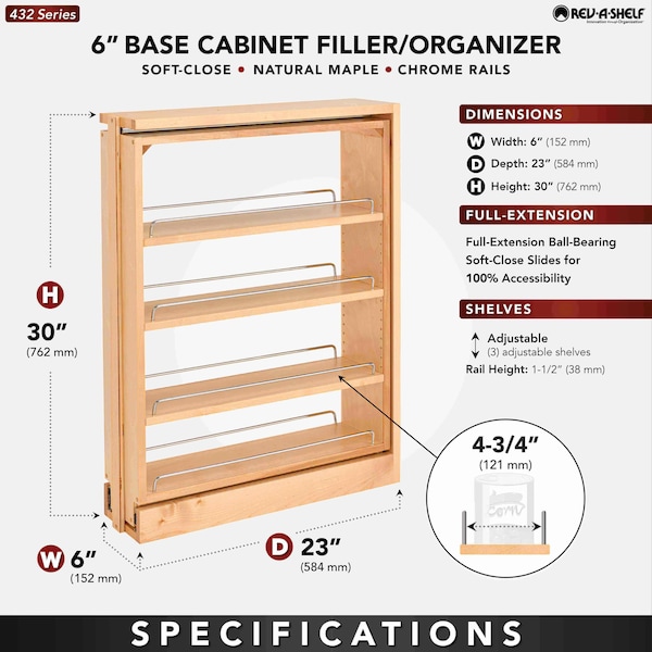 Rev-A-Shelf Maple Wood; Steel, Natural Maple, 6 in W, 30 in H, 23 in D - 432-BFBBSC-6C