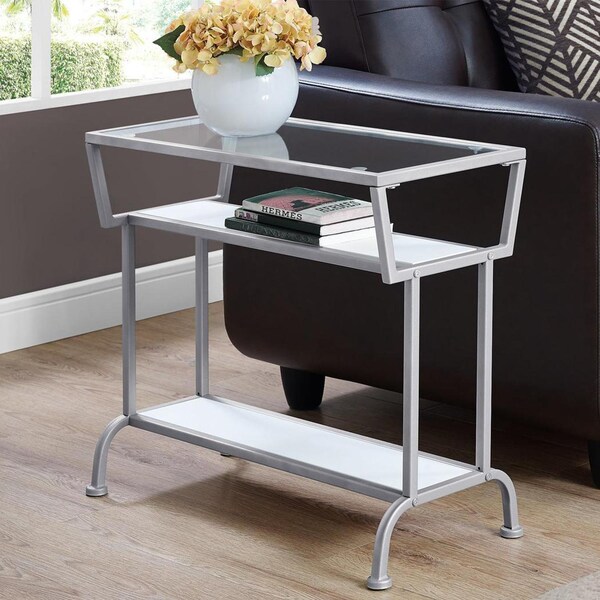 Homeroots 22 in. WhiteSilver & Tempered Glass Accent Table - 332702