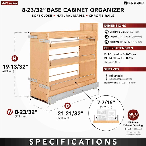 Rev-A-Shelf Maple Wood; Steel, Natural Maple, 8.75 in W, 19.44 in H, 21.63 in D - 448-BDDSC-8C