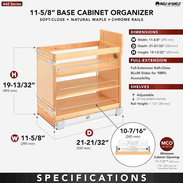 Rev-A-Shelf Maple Wood; Steel, Natural Maple, 11.75 in W, 19.43 in H, 21.63 in D - 448-BDDSC-11C