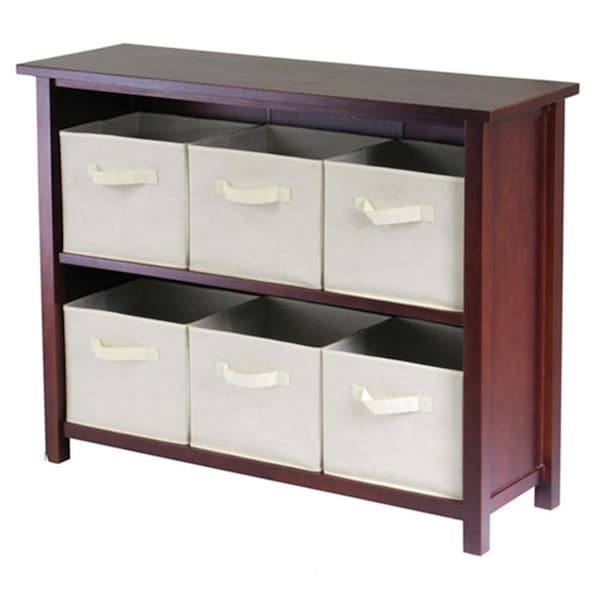 Winsome Verona 2 Section W Storage Shelf with 6 Foldable Fabric Baskets - Walnut and Beige - 94891