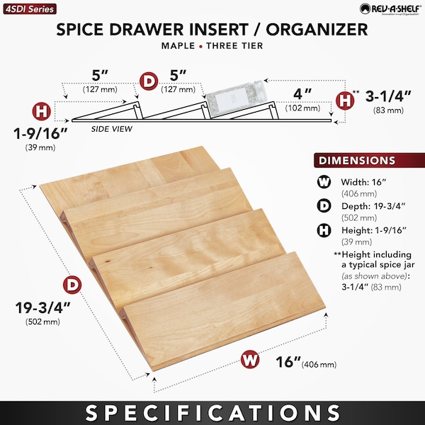 Rev-A-Shelf Drawer Insert, Walnut Veneer, Dark Brown, 16 in W, 1.55 in H, 19.75 in D, 19.75 in L, Walnut - 4SDI-WN-18-1