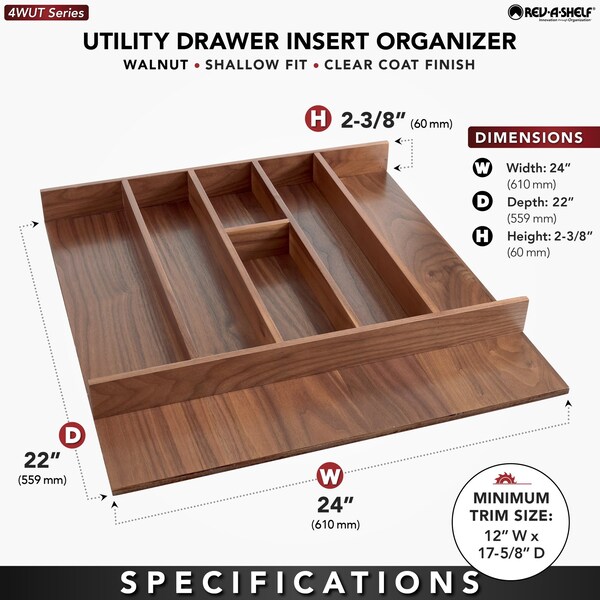 Rev-A-Shelf Drawer Insert, Walnut Veneer, Dark Brown, 21.13 in W, 2.38 in H, 22 in D, 22 in L, Dark Brown - 4WUT-WN-3SH