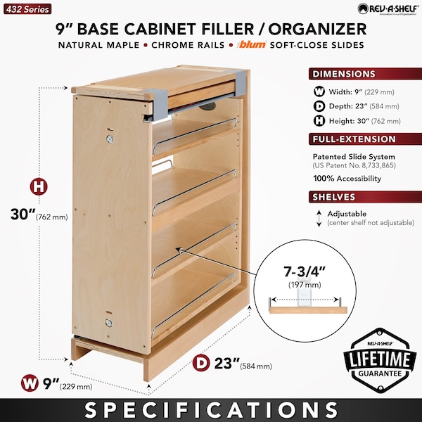 Rev-A-Shelf Maple Veneer, Light Brown, 9 in W, 30 in H, 23 in D, 23 in L, Light Brown - 432-BFSC-9C