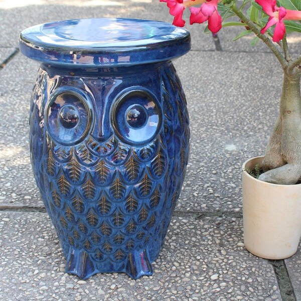 International Caravan Wise Old Owl Ceramic Garden Stool, Navy Blue Glaze - OPG-065-NV
