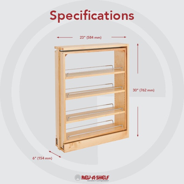 Rev-A-Shelf Maple Veneer, Light Brown, 6 in W, 30 in H, 23 in D, 23 in L, Light Brown - 432-BFSC-6C