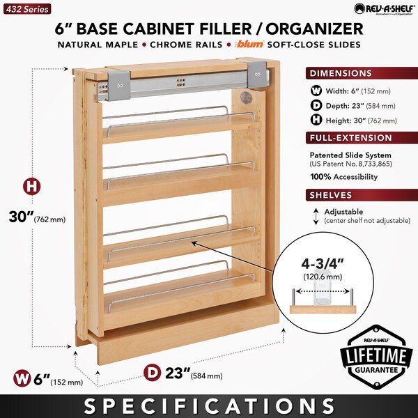 Rev-A-Shelf Maple Veneer, Light Brown, 6 in W, 30 in H, 23 in D, 23 in L, Light Brown - 432-BFSC-6C