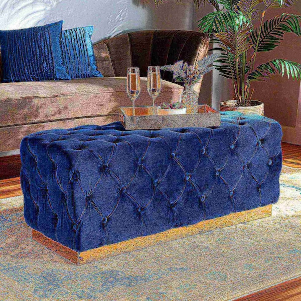 Baxton Studio Corrine Glam and Luxe Navy Blue Velvet Fabric and Gold PU Leather Ottoman - 175-11244-ZORO