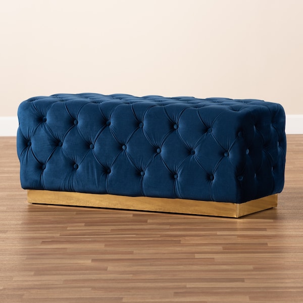 Baxton Studio Corrine Glam and Luxe Navy Blue Velvet Fabric and Gold PU Leather Ottoman - 175-11244-ZORO