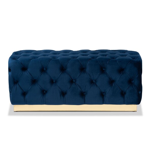 Baxton Studio Corrine Glam and Luxe Navy Blue Velvet Fabric and Gold PU Leather Ottoman - 175-11244-ZORO
