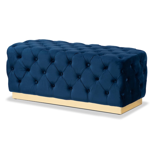 Baxton Studio Corrine Glam and Luxe Navy Blue Velvet Fabric and Gold PU Leather Ottoman - 175-11244-ZORO