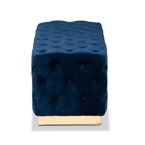 Baxton Studio Corrine Glam and Luxe Navy Blue Velvet Fabric and Gold PU Leather Ottoman - 175-11244-ZORO