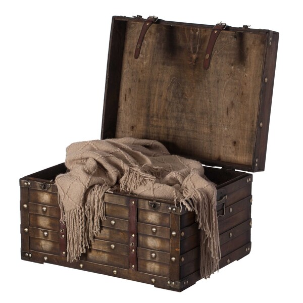 Vintiquewise Wooden Brown Storage Trunk with Faux Leather Straps and Handles, Large - QI004334.L