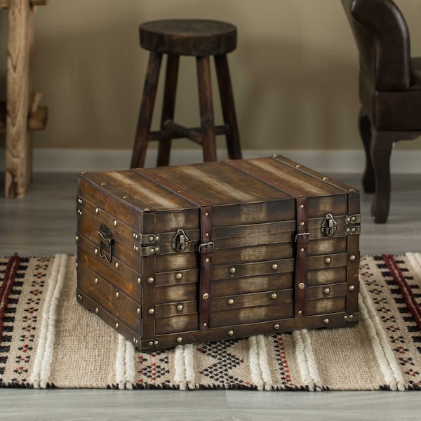 Vintiquewise Wooden Brown Storage Trunk with Faux Leather Straps and Handles, Large - QI004334.L