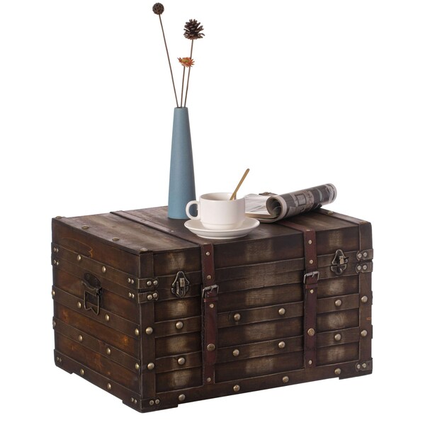 Vintiquewise Wooden Brown Storage Trunk with Faux Leather Straps and Handles, Large - QI004334.L