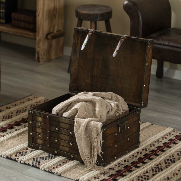 Vintiquewise Wooden Brown Storage Trunk with Faux Leather Straps and Handles, Large - QI004334.L