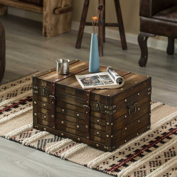 Vintiquewise Wooden Brown Storage Trunk with Faux Leather Straps and Handles, Large - QI004334.L