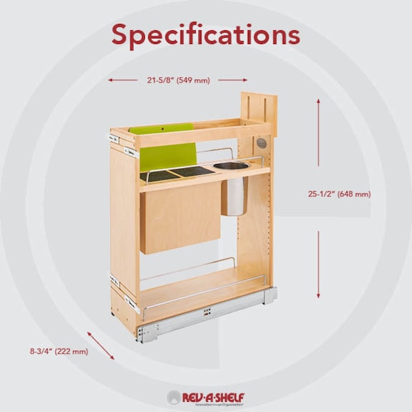 Rev-A-Shelf Maple Wood; Steel; Plastic, Natural Maple, 8.75 in W, 25.5 in H, 21.63 in D - 448KB-BCSC-8C