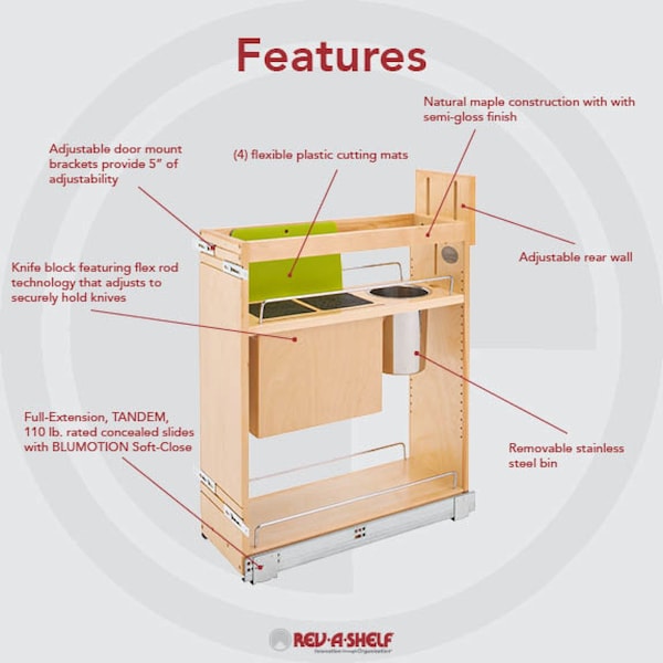 Rev-A-Shelf Maple Wood; Steel; Plastic, Natural Maple, 8.75 in W, 25.5 in H, 21.63 in D - 448KB-BCSC-8C