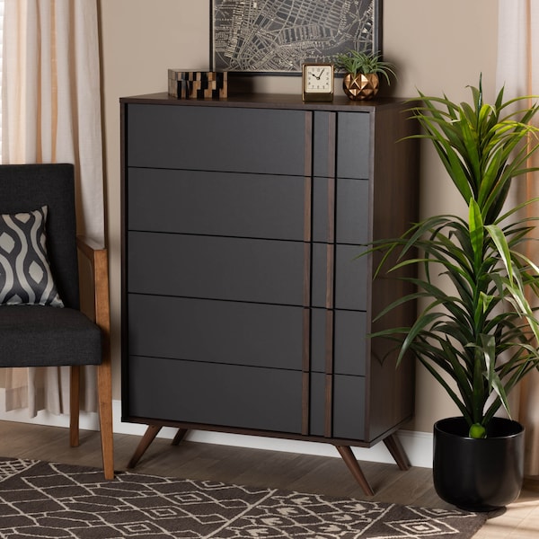 Baxton Studio Naoki Two-Tone Grey and Walnut Finished Wood 5-Drawer Bedroom Chest - 168-10929