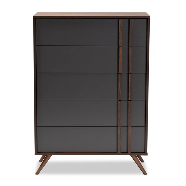 Baxton Studio Naoki Two-Tone Grey and Walnut Finished Wood 5-Drawer Bedroom Chest - 168-10929