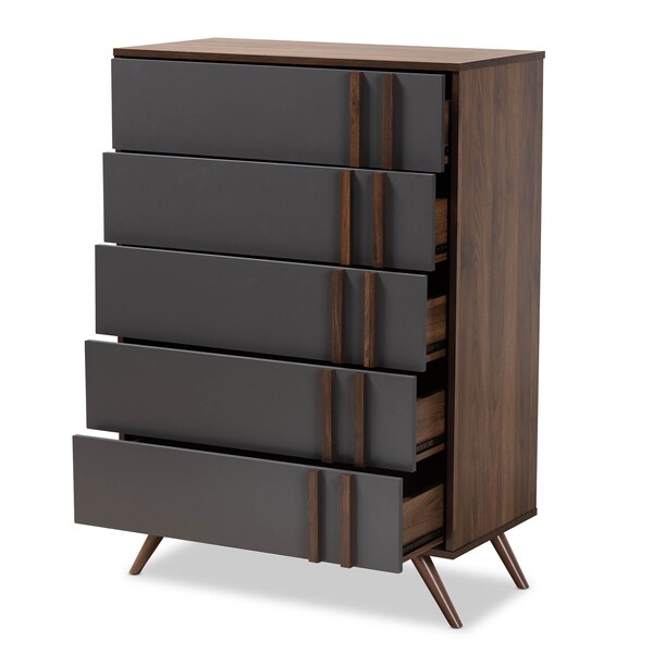 Baxton Studio Naoki Two-Tone Grey and Walnut Finished Wood 5-Drawer Bedroom Chest - 168-10929