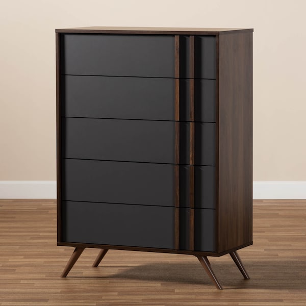 Baxton Studio Naoki Two-Tone Grey and Walnut Finished Wood 5-Drawer Bedroom Chest - 168-10929