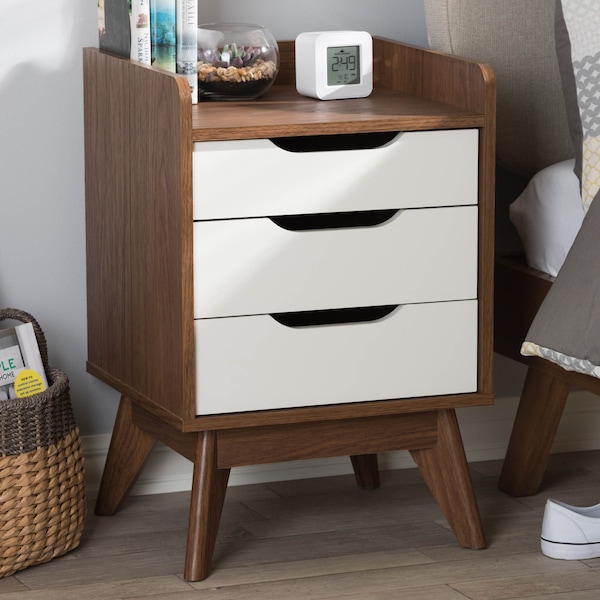 Baxton Studio Brighton Mid-Century White and Walnut Wood 3-Drawer Storage Nightstand - 137-7498