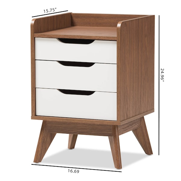 Baxton Studio Brighton Mid-Century White and Walnut Wood 3-Drawer Storage Nightstand - 137-7498