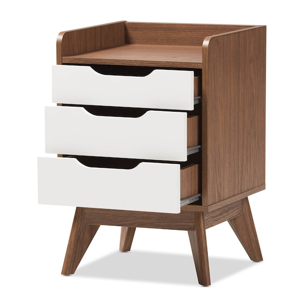 Baxton Studio Brighton Mid-Century White and Walnut Wood 3-Drawer Storage Nightstand - 137-7498