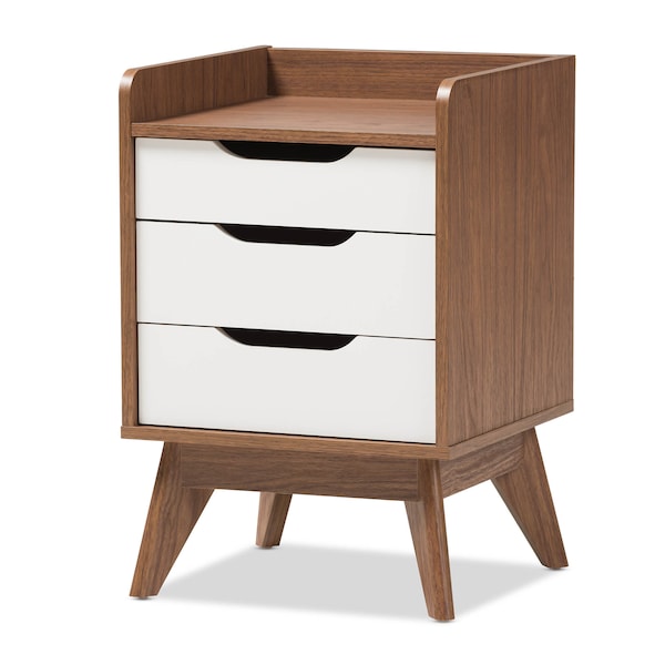 Baxton Studio Brighton Mid-Century White and Walnut Wood 3-Drawer Storage Nightstand - 137-7498
