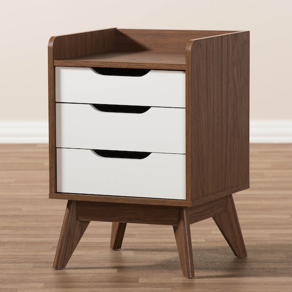 Baxton Studio Brighton Mid-Century White and Walnut Wood 3-Drawer Storage Nightstand - 137-7498