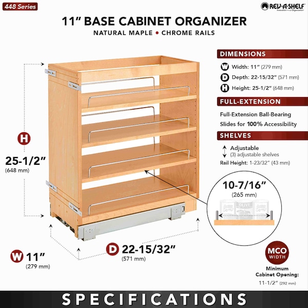 Rev-A-Shelf Maple Wood; Steel, Natural Maple, 11 in W, 25.5 in H, 22.5 in D - 448-BC-11C