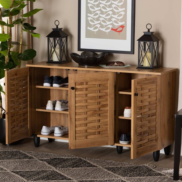 Baxton Studio Winda Modern and Contemporary Oak Brown Finished Wood 3-Door Shoe Cabinet - 189-11988-ZORO
