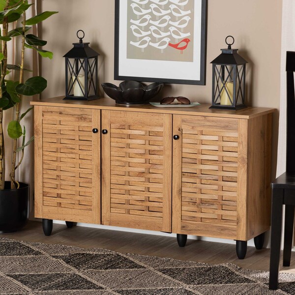 Baxton Studio Winda Modern and Contemporary Oak Brown Finished Wood 3-Door Shoe Cabinet - 189-11988-ZORO